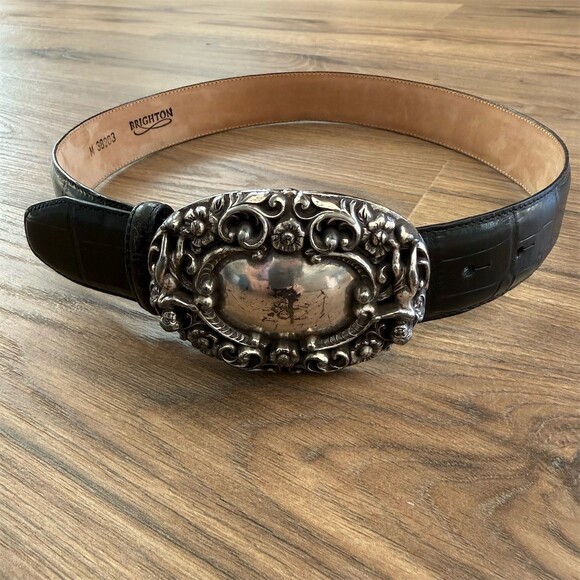 Brighton Accessories - Brighton VTG 1995 Black Belt  Size M Black Croc Embossed Cherub Angel Buckle